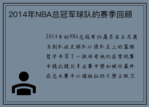 2014年NBA总冠军球队的赛季回顾