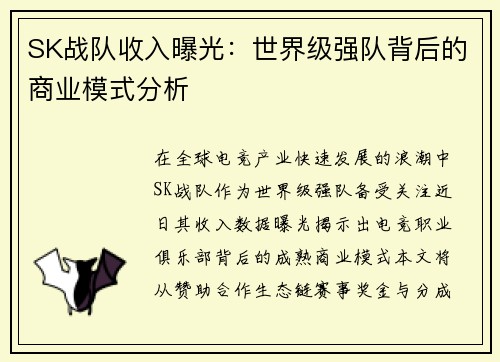 SK战队收入曝光：世界级强队背后的商业模式分析