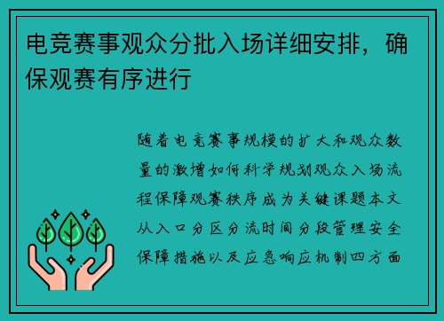 电竞赛事观众分批入场详细安排，确保观赛有序进行