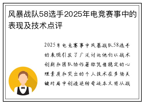 风暴战队58选手2025年电竞赛事中的表现及技术点评