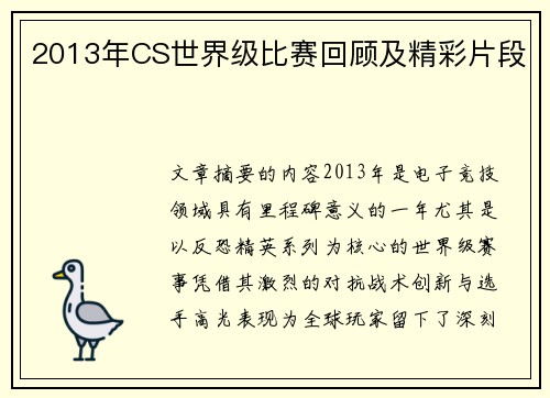 2013年CS世界级比赛回顾及精彩片段