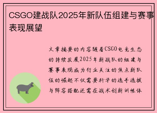 CSGO建战队2025年新队伍组建与赛事表现展望